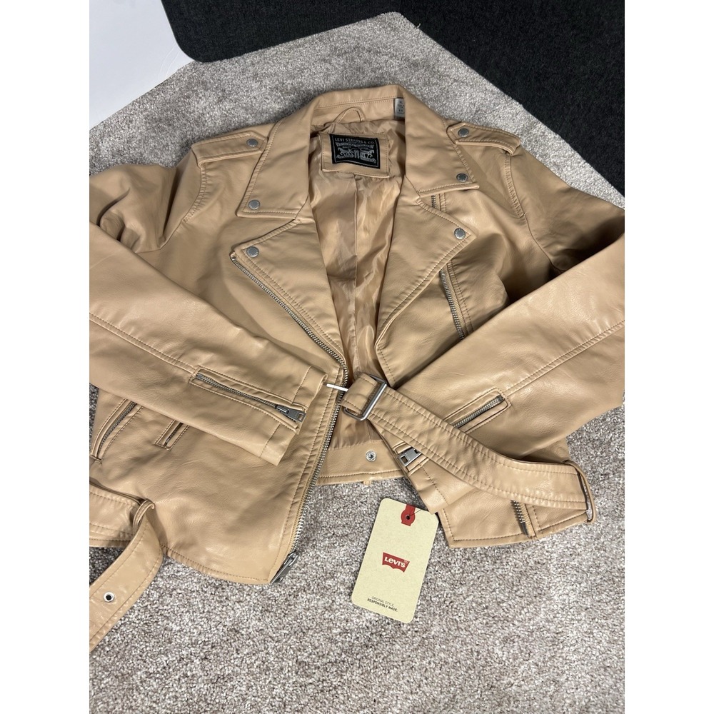 NWT Levi Strauss Women's Size XL Brown Faux Leather Jacket Warm Moto Cross Style